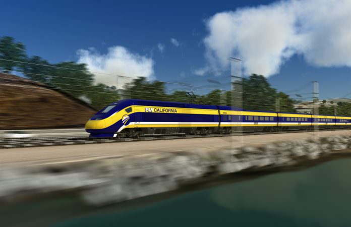 A conceptual view of a high-speed train travelling on the California high-speed rail. Credit: South Bay/Flickr.