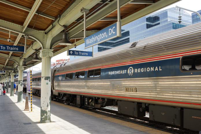 A Northeast Regional Amtrak train at the Union Station, Washington D.C.. Credit: Alan Tan Photography/ Shutterstock.