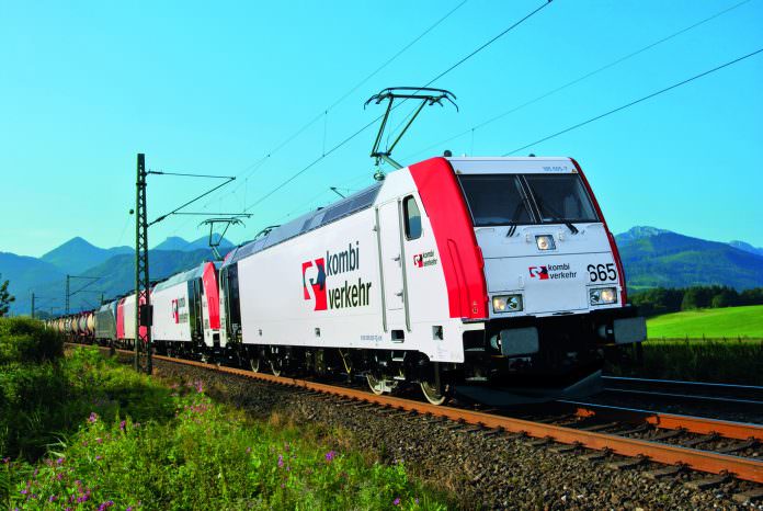 An intermodal Kombiverkehr train at Prien am Chiemsee, Bavaria. Credit: Kombiverkehr.