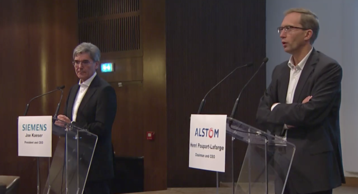 Alstom CEO Henri Poupart-Lafarge (R) takes questions from the world's media following the Siemens Alstom merger announcement in September. Credit: Siemens Alstom.