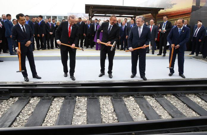Politicians at the launch of the Baku-Tbilisi-Kars railway in October 2017. Photo: The Office of the President of Turkey.
