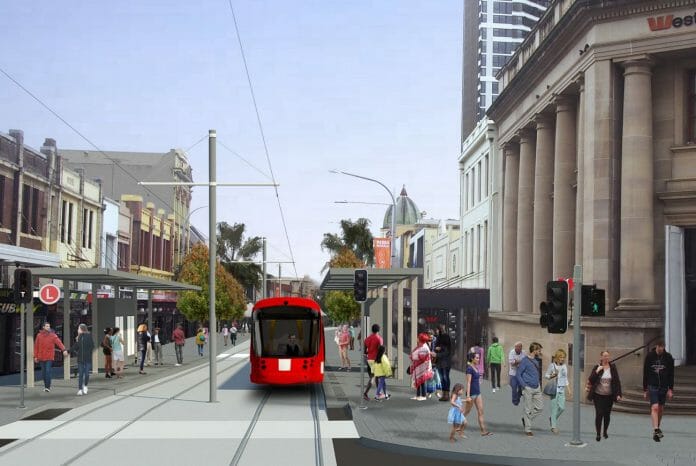An artist's impression of the Parramatta Light Rail at Church Street in Parramatta CBD. Photo: NSW Government.