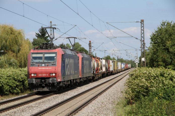 SBB Cargo Class 482 TRAXX locos haul a freight train over the Rastatt tunnel route in September, 2016.