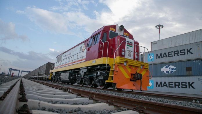 The first commercial cargo train at the Inland Container Depot, Nairobi. Photo: the Kenyan Government.