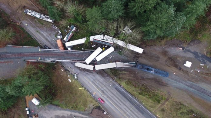 An overhead view of the crash site near DuPont, Washington. Photo: Washington State Patrol.