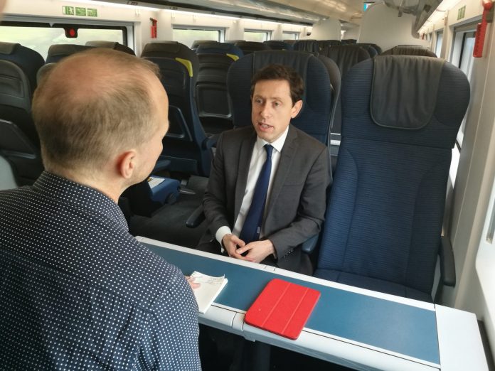 Nicolas Petrovic speaks to the media onboard the Eurostar's inaugural service to Amsterdam.